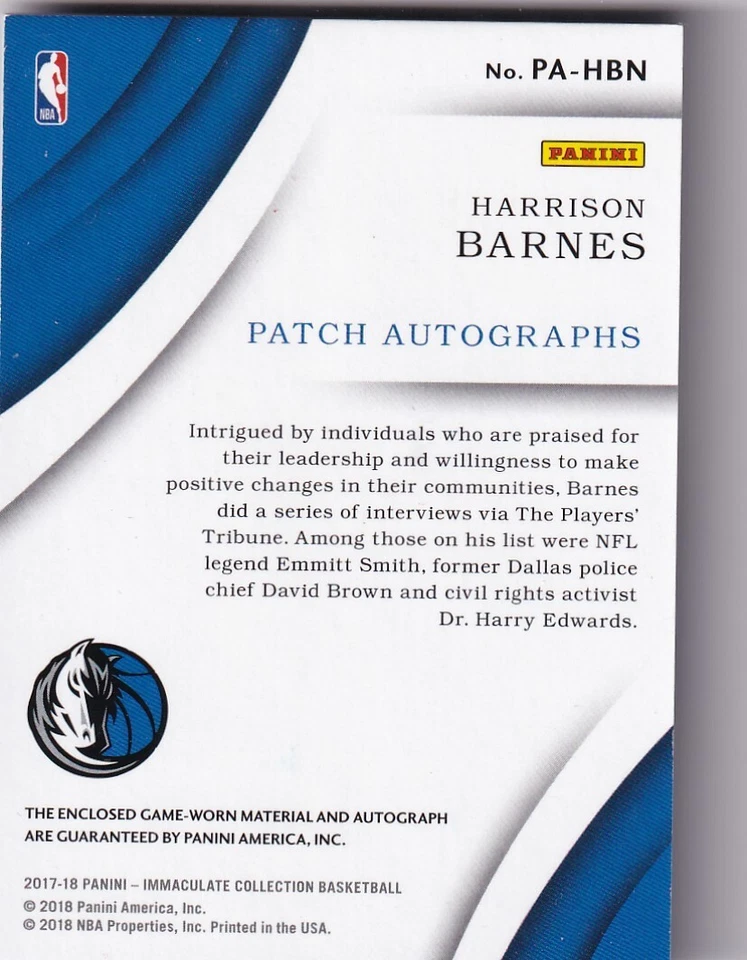 2017-18 Immaculate Collection Patch Autographs Red #HBN Harrison Barnes 5/15 - Image 2 of 2