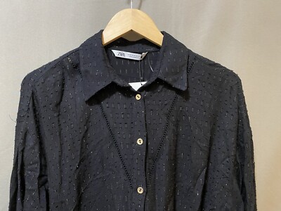 NWT ZARA Women Long Sleeve Belted Button Front Mini Shirt Dress SZ M Black  Gold | eBay