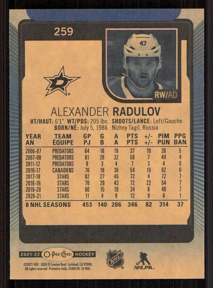 2021-22 O-Pee-Chee Blue #259 Alexander Radulov - Image 2 of 2