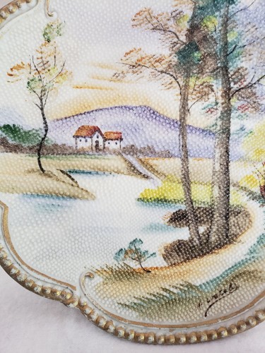 Japanische handbemalte Wandteppichplatte 7,5 Country Szene gold bemalt signiert - Bild 6 von 11