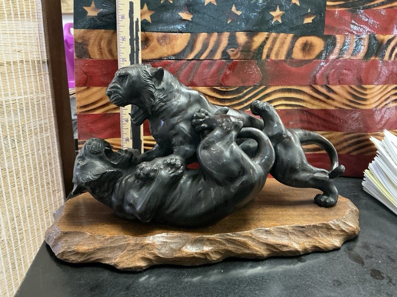 Antique Japanese Meiji Period (1868-1912) Bronze Tigers Fighting, Signed