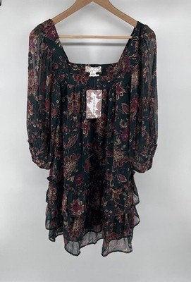 New Band Of The Free Mandy Floral Pine Berry Babydoll Dress Sheer Sleeve M NWT