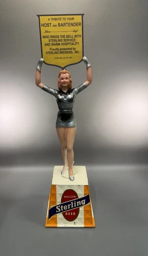 VINTAGE 1960 STERLING BEER METAL GIRL BELL RINGER SIGN STATUE DISPLAY