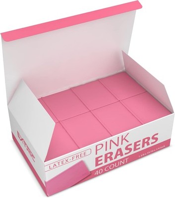 Pink Erasers, 40 Count, Latex Free Eraser for Kids, Square 40 