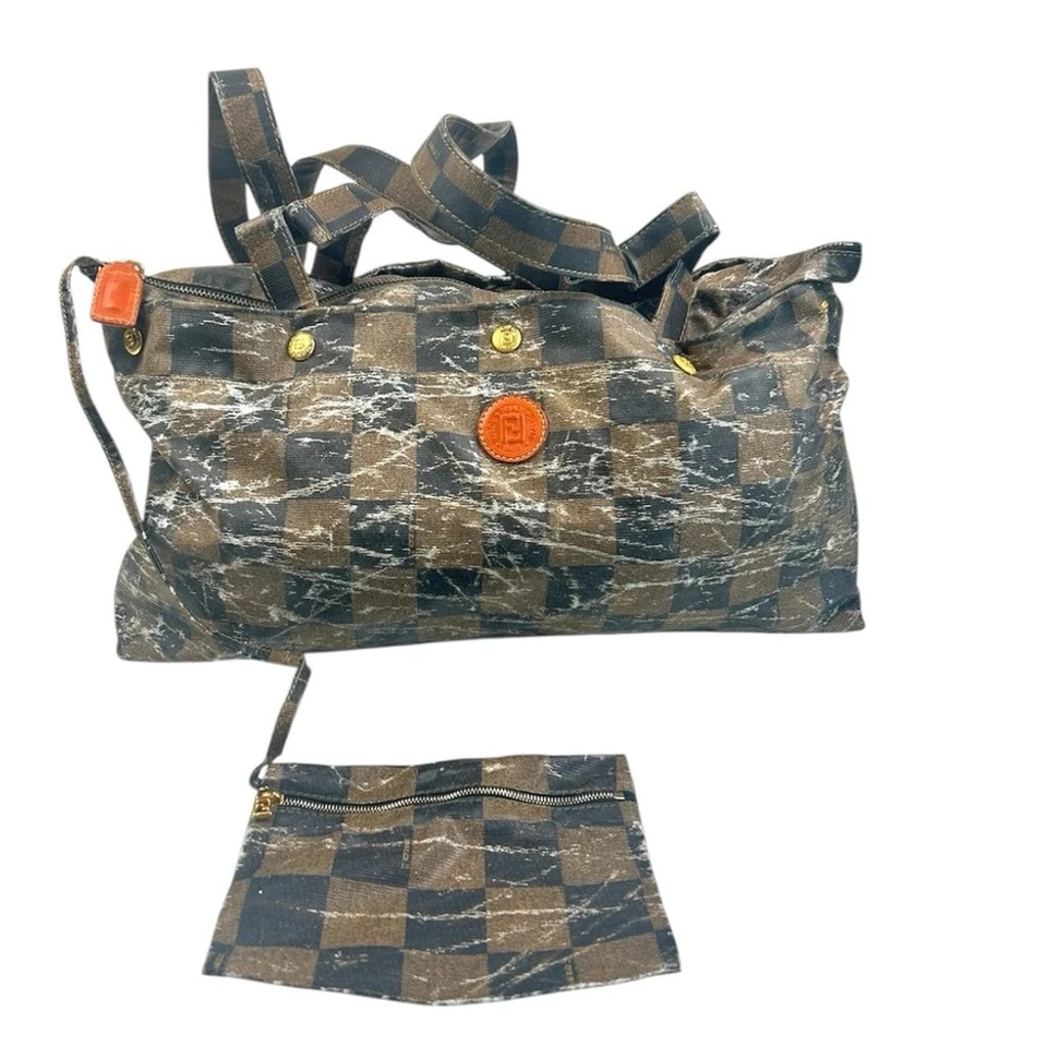 Fendi Vintage Checkered Zucca Nylon Tote Bag with Pouch - Image 2 of 4