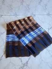 Vintage Large Brown and Blue Chiffon Sheer Striped Floral Rectangular Scarf