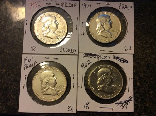 4 COIN PROOF LOT FRANKLIN HALVES 2X1961 2X 1962 SILVER