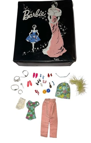 Vintage 1962 Barbie Ponytail Black Carry Case With Some Clothes Doll Accessories