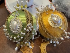 2 Vintage Push Pin Beaded Christmas Ornaments Green  Gold Tassels Pearls MCM