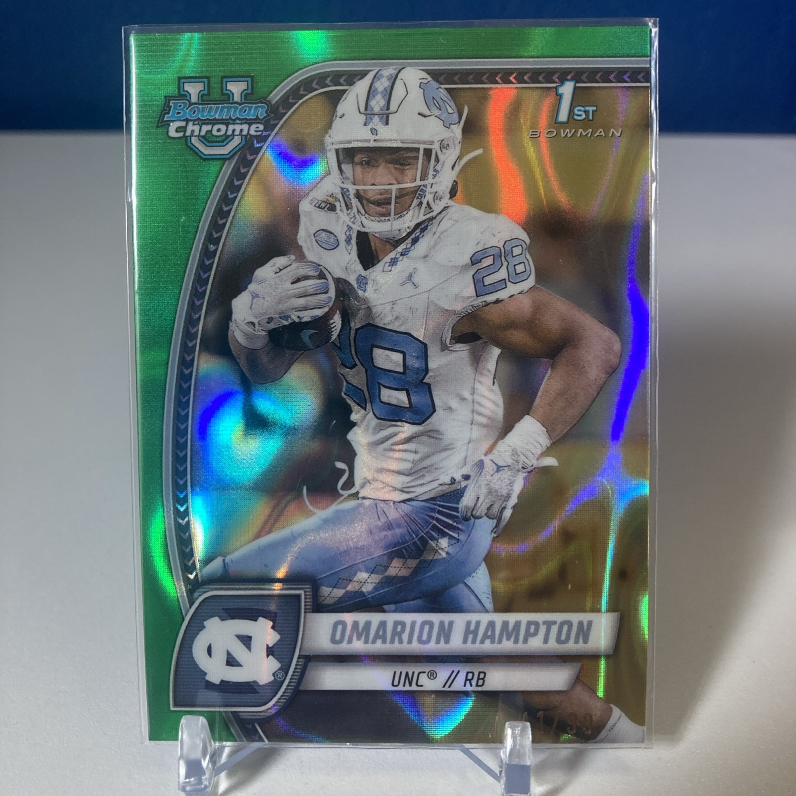 2024 Bowman Chrome U Omarion Hampton Green Refractor /99 1st UNC RC #198