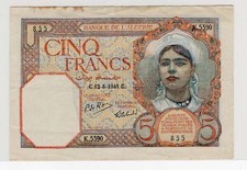 ALGERIA, P-77, 5 FRANCS, 1941, VF