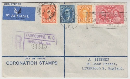 CANADA 1937 *KGVI CORONATION* reg printed FDC with *VANCOUVER flag* cancel