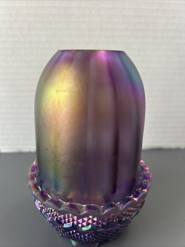 Vintage Fenton Purple Carnival Glass Flower Fairy Lamp with Original Sticker - Picture 4 of 10
