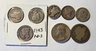 Lot of 8 U.S.  Silver Coins: Mercury/Roosevelt Dimes Barber/Washington Quarters