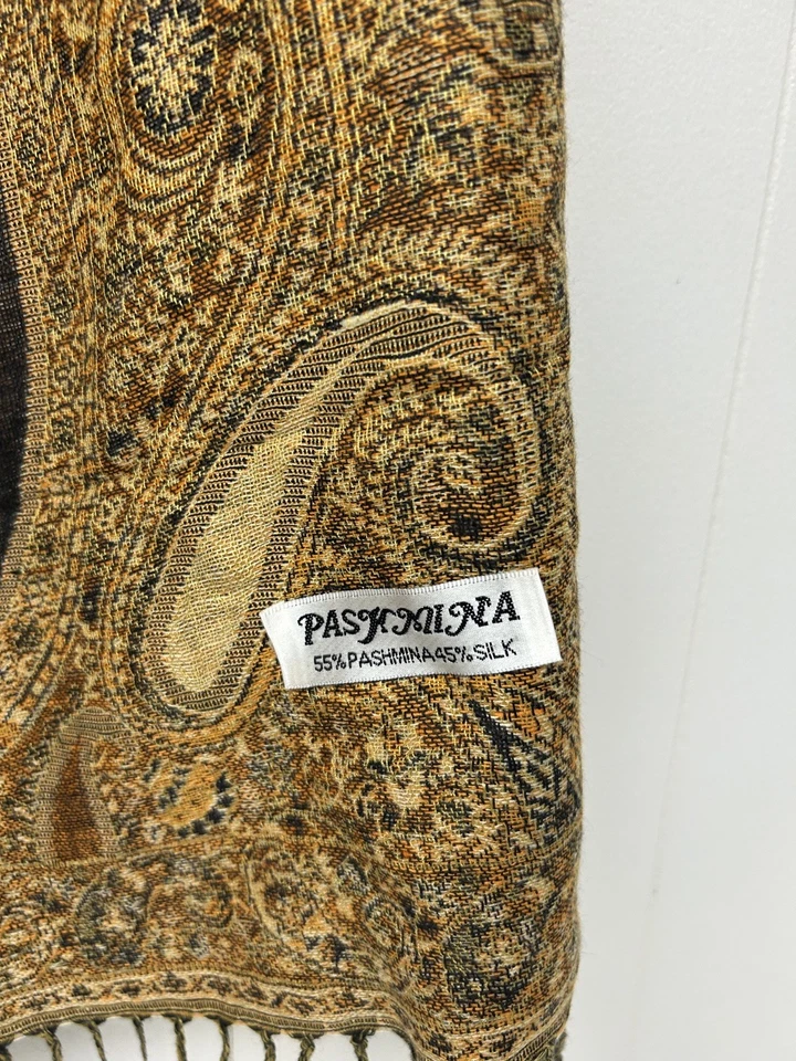 Pashmina Silk Scarf Indian Womens Large Paisley Wrap Fringe Shawl Boho - Image 4 of 4