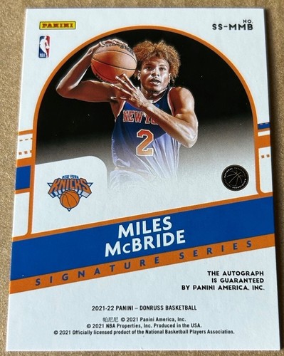 MILES McBRIDE 2021-22 PANINI DONRUSS AUTO. Rookie Card #SS-MMB NM-MT Condition - Picture 2 of 2