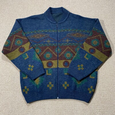 VINTAGE Muster Reißverschluss Strickjacke Herren groß abstrakt geometrisch Hippie Pullover