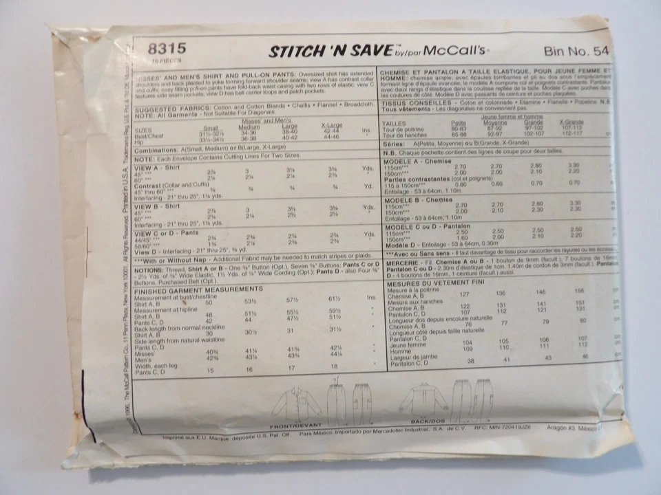 McCall's 8315 Misses & Men's Shirt & Pull-On Pants Size S-M Uncut Sewing Pattern - Image 3 of 3