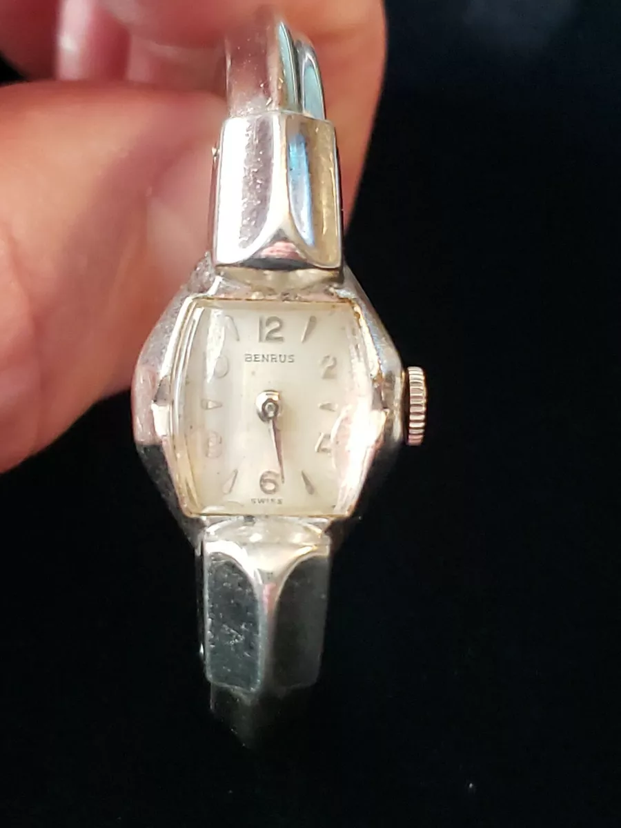 Vintage BENRUS 10K White Gold Filled Ladies Wrist Watch Clamper