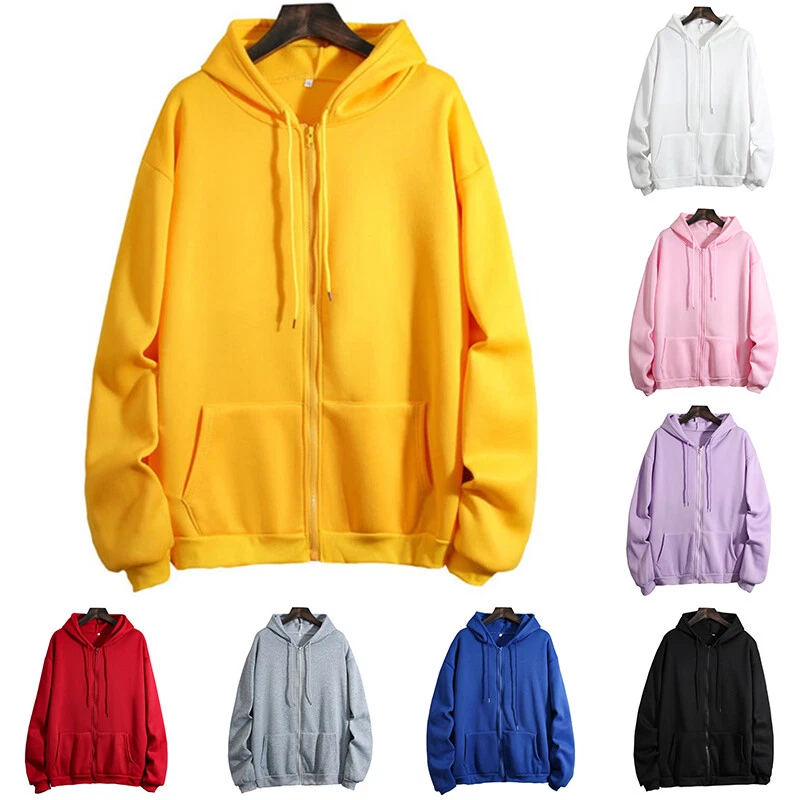 Womens Zip Up Hoody Pullover Jacket Plain Coloured Hoodie Hooded Sweatshirt Coat