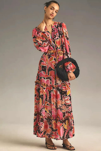 Farm Rio Tiered Maxi Dress Anthropologie Pink Parrots Birds Stars Size M NEW