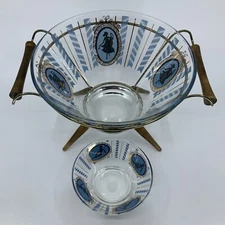 VTG Art Deco Aldon Signed Greek Key Chip And Dip Set Missing Dip Stand Blue Gold