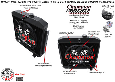 KR Champion 3 Row Black Finish Radiator,16'' Fan-1955-1957 Chevrolet Nomad V8 Eng