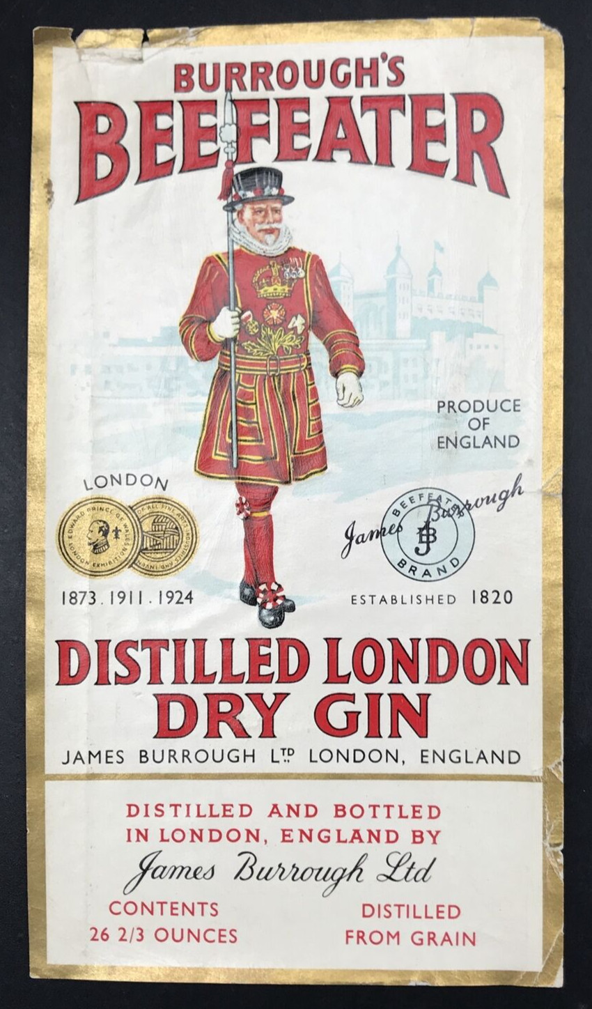 2 Diff VTG Original Burrough's Beefeater London Dry Gin Liquor Bottle Labels