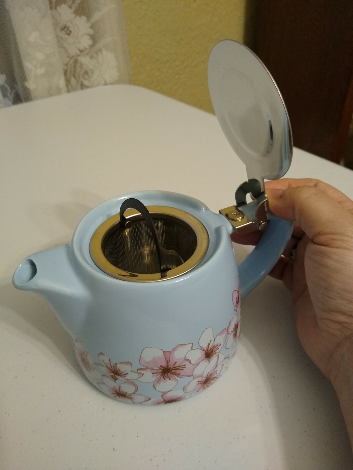 Blue Ceramic Teapot With Infuser Basket Aluminum Lid Cherry Blossom