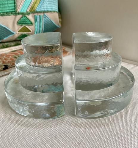 Blenko Clear Crystal Ice Block Triple Stack Half Moon Glass Bookends W Stickers