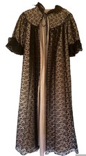 Vtg 50 s Black Pink Floral Tulle Lace Dressing Gown Lined Puff Sleeves S/M
