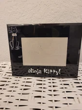 NINJA KITTY BLACK GLASS PICTURE FRAME SUPER CUTE PRE-OWNED