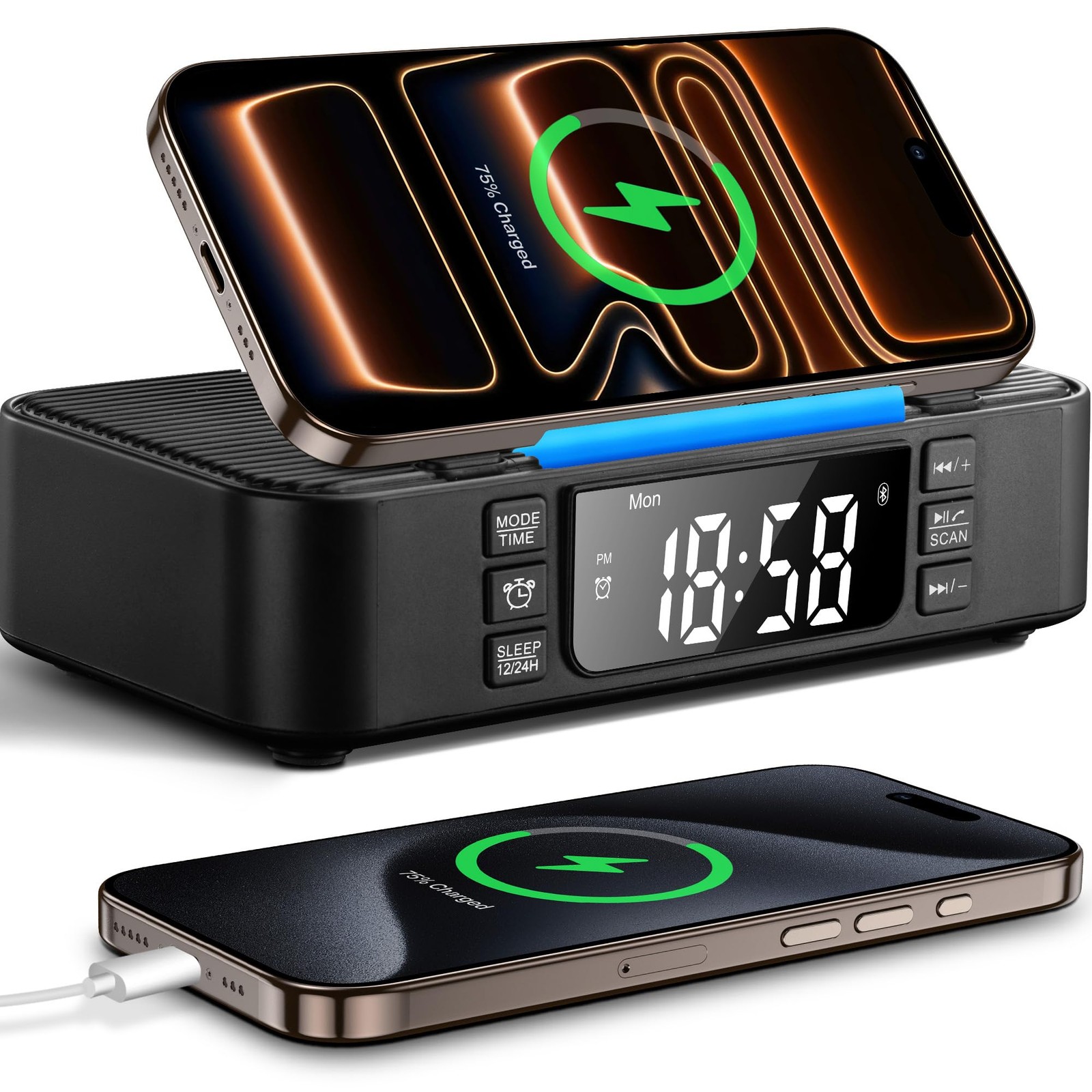 9-in-1 Wireless Charging Station with Bluetooth Speaker, Alarm Clock, FM Radi...