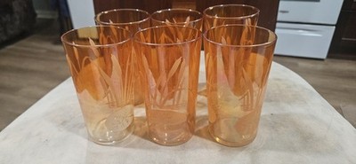 Carnival Glass Amber?marigold? Cat Tail & Water Lily Juice Glasses 8 Oz Lot Of 6