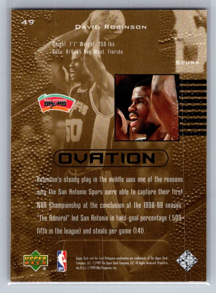 1999-00 Upper Deck Ovation Basketball #49 David Robinson - VG - Spurs - Image 2 of 2