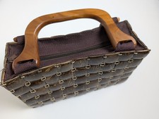Handcrafted Brown Woven Coconut Shell Purse with Wooden Handles Zipper Closure
