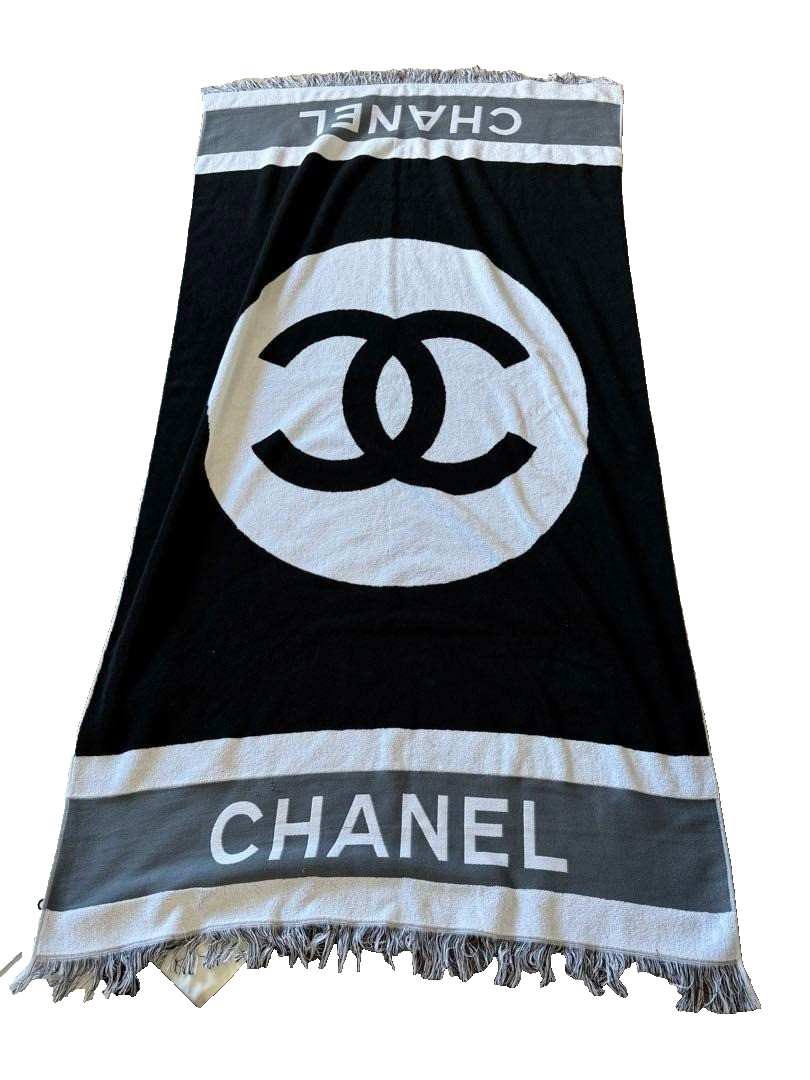 CHANEL Large Beach Bath Towel Black Floor Mat Coco Cotton