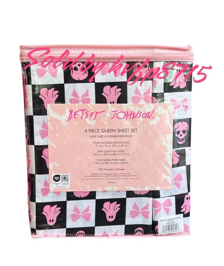 万圣节幽灵、骷髅、弓形格子粉色大号床单套装 6 件套 Betsy Johnson — 第 3/3 张图片