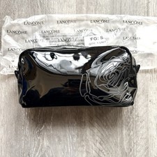 NEW LANCOME Gloss Black Faux Leather Cosmetic Bag Rose Design