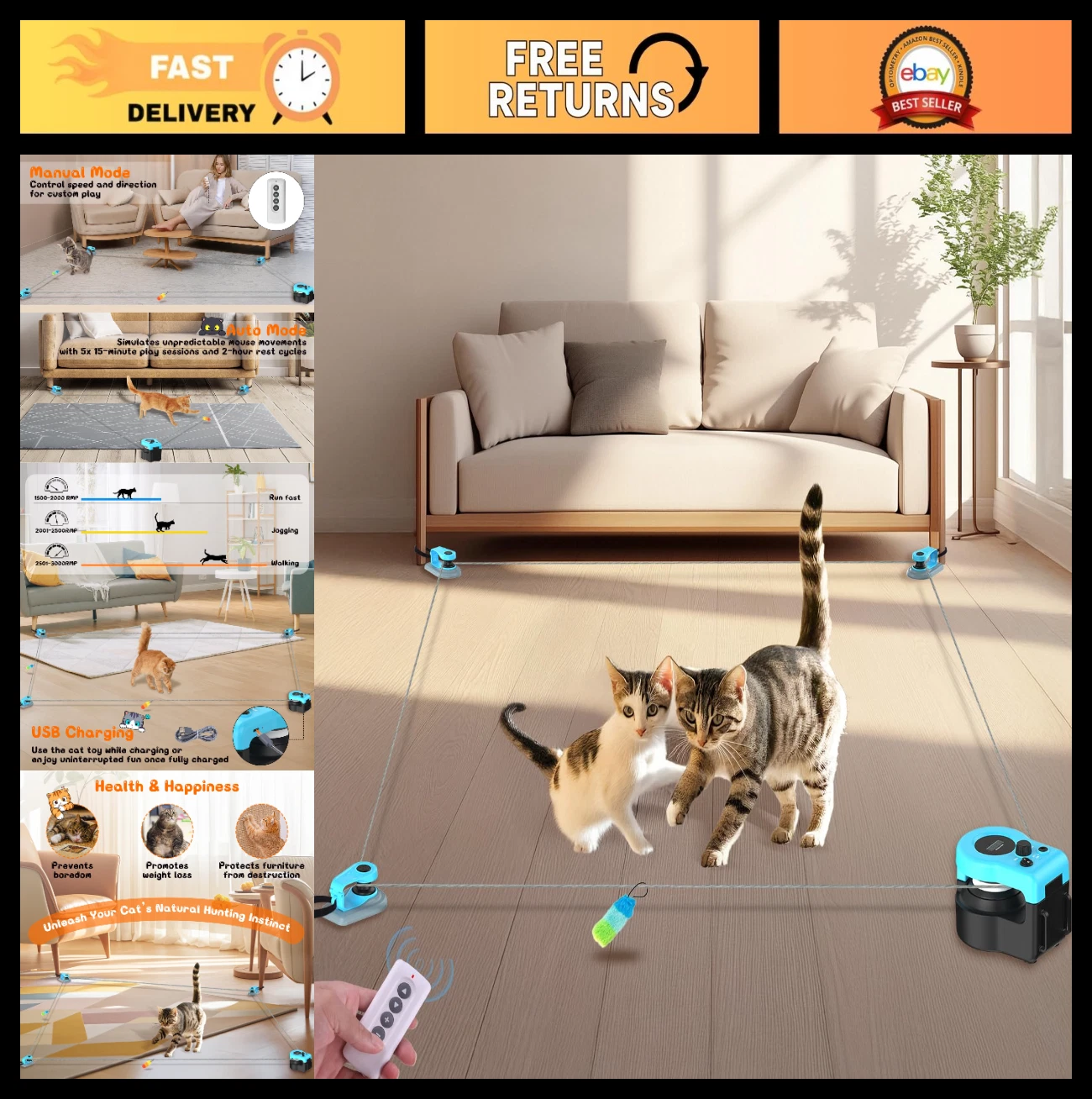 Interactive Automatic Cat Toy with Remote Control - 3 Speeds, Indoor Feather Cha