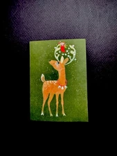 1 VTG MCM Norcross Xmas Greeting Card Adorable Deer W/ Socking & Lites On Antler