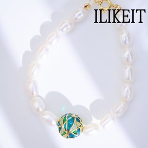 Authentic S925 Silver 18K Gold Plated Pearl Bracelet with Blue Green Enamel & Hollow Bead