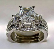 Radiant Cut Lab Created Diamond Engagement Wedding Ring Set 14K White Gold Over