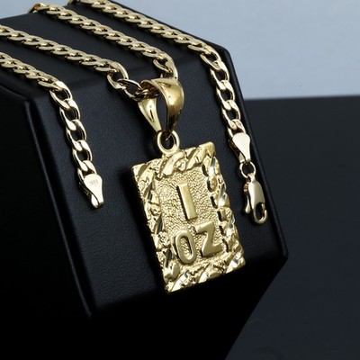 1 OZ Nugget Cut Charm Pendant 14k Gold Plated Brass 5mm 20'' Cuban Choker Chain