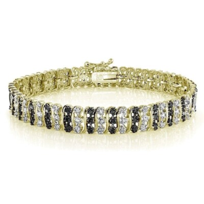 14K Yellow Gold Finish Lab-Created Black/White Diamond S Pattern Tennis Bracelet