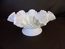 White Milk Glass Hobnail Ruffle Edge Crimped Bowl