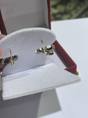 Antique 14k Yellow Gold Hearts Australian Fire Opal Dangle Earrings - Picture 10 of 15