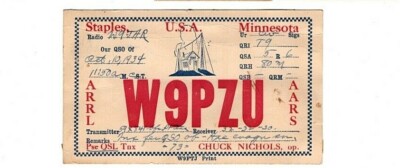 1934 Radio QSL postcard.  W9PZU. Chuck Nichols, Staples, Minnesota