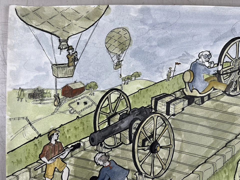 "Pintura acuarela surrealista bicicleta siendo alimentada por cañones 14x17"" arte popular" Foto 2 de 4