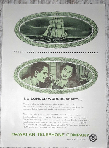 1956 Hawaiian Telephone Vintage Print Ad Communication Mainland Whaling Ship